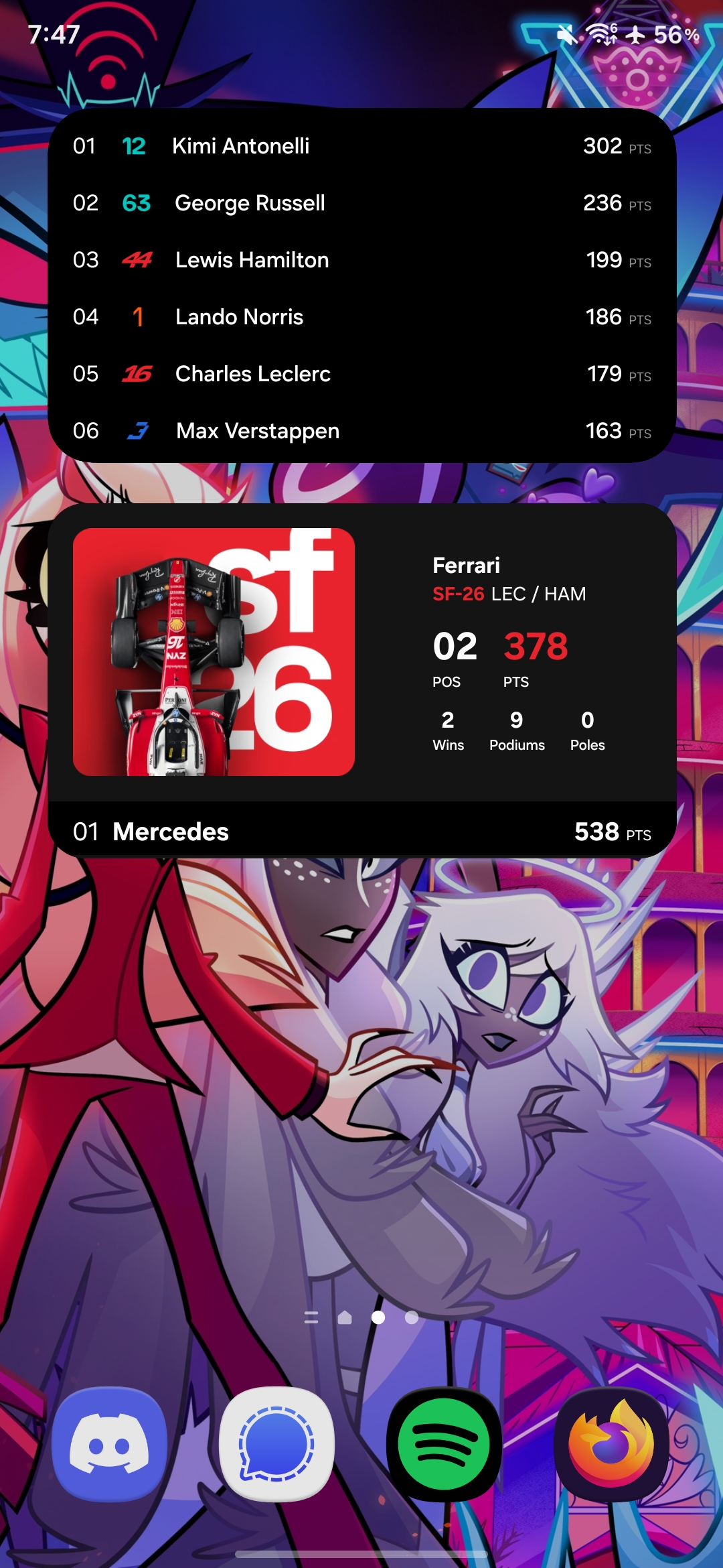 Box Box standings and constructor widgets on a home screen