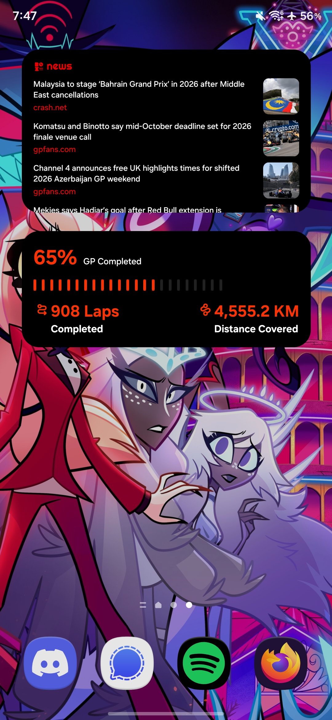 Box Box news and season-progress widgets on a home screen