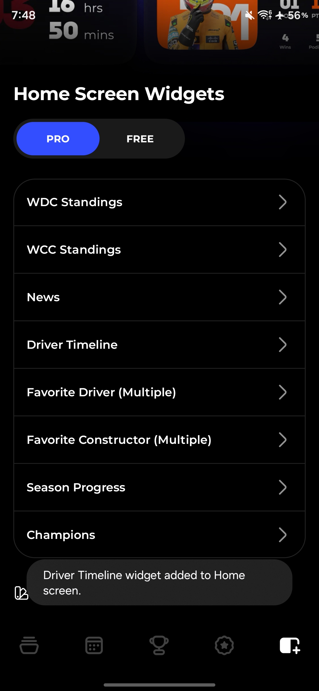 The Pro widget picker adding a widget with no subscription