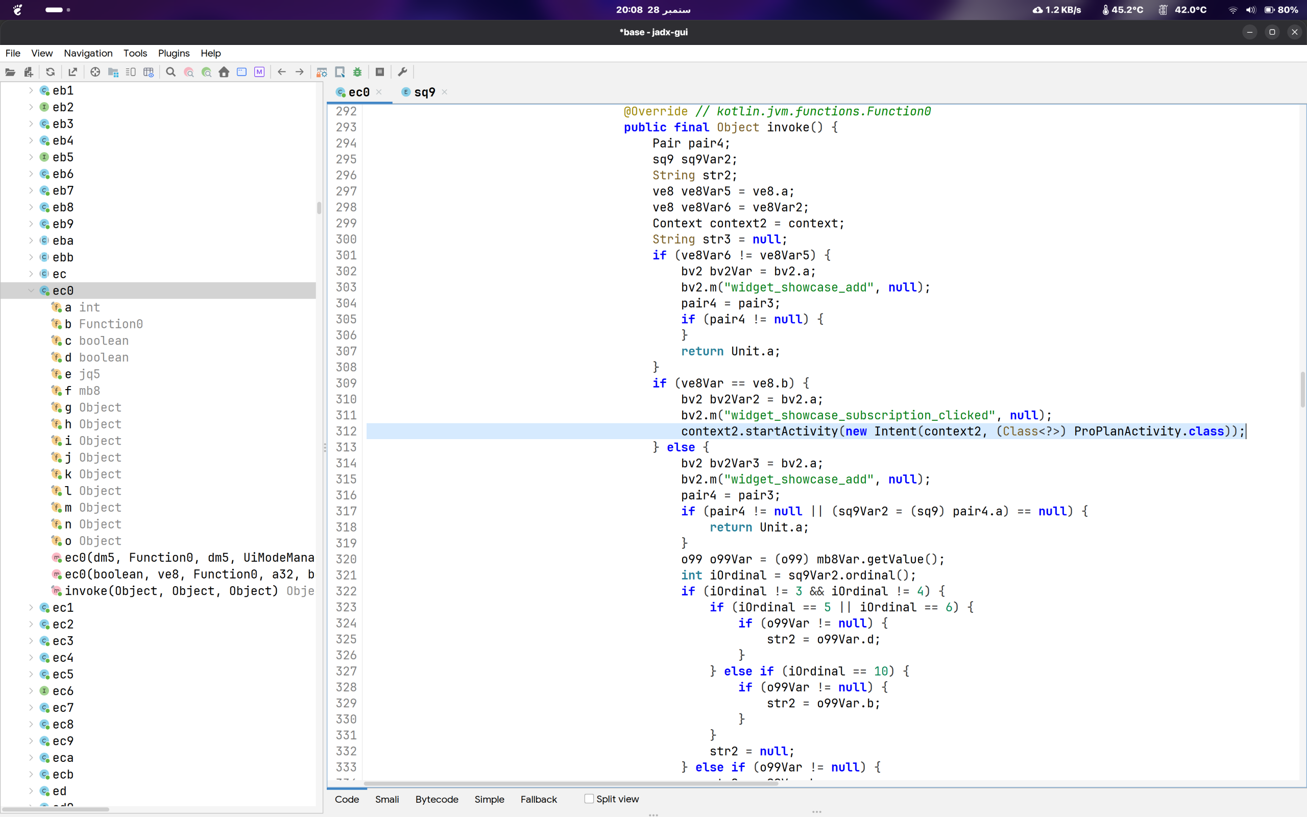 JADX showing the click handler branching to ProPlanActivity or adding the widget